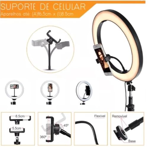 Ring Light Led 26cm 10p Tripé 210cm Selfie Youtuber Maquiagem Estetica Com Suporte Para Foto Celular