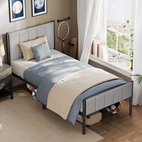 VASAGLE Cadre de Lit Simple, 90 x 190 cm, avec Tête de Lit Rembourrée, en Acier, Supporte Jusqu'à 250 kg, Montage Facile, Gris Tourterelle RMB971G01