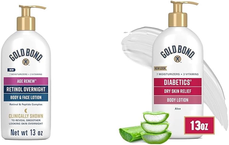 Gold Bond Age Renew Retinol Overnight Body & Face Lotion and Diabetics' Dry Skin Relief Body Lotion Bundle, 13 oz. Each