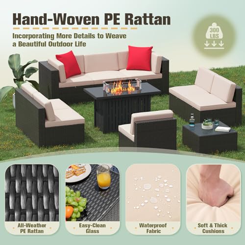 Image of Greesum Patio Furniture Sets 10-Pieces Outdoor PE Rattan Sectional Sofa w /43in Gas Fire Pit Table 55000 BTU Add Warmth to Gatherings Parties On Deck Garden Backyard,Beige
