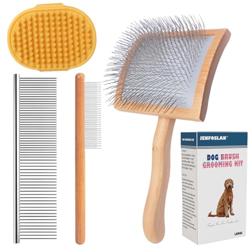JENFOSLAN Slicker Brush for Dogs, Professional Dog Grooming Brush for Golden Doodle & Poodle - Deshedding Dog Brush for Medium or Long Haired Dogs, Remove Tangles, Knots and Mats (4PCS, Wooden, Large)