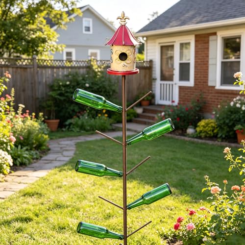 Image of 59 inch H Bird House Bottle Tree, Metal Bottle Tree Stand, Large Bird House