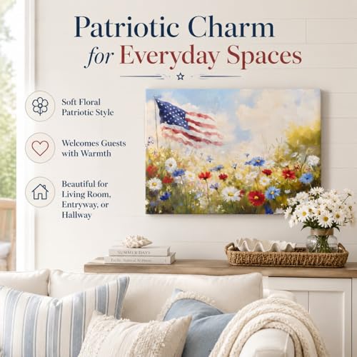 Image of Patriotic Wall Art Decorations, 4th of July American Flag Vintage Canvas Print Picture Framed, for Rustic Americana Home Living Room Decor