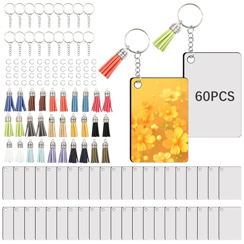 LaiHiulaan 60 Pcs Sublimation Keychain Blanks Double Sides 60 MDF Sublimation Keychains Blank with 60 Rings and 60 Clips (60 pcs, Rectangle with Tassels)