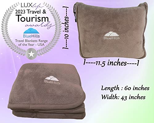 BlueHills Premium Soft Travel Blanket Pillow Airplane Flight Blanket Throw in Soft Bag Pillow case with Luggage Belt & Backpack Clip Compact Pack Large Blanket Taupe T023 - Image 5