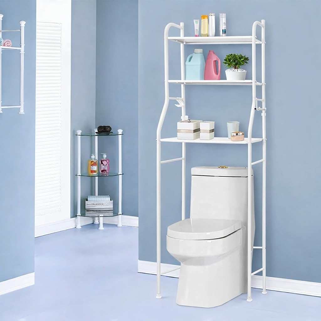FAHD TRADERS 3-Tier Over Toilet Bathroom Storage Rack | Freestanding Iron Shelf Organiser | Space Saving Standing Shelf for Towels & Toiletries | Floor Unit (White)