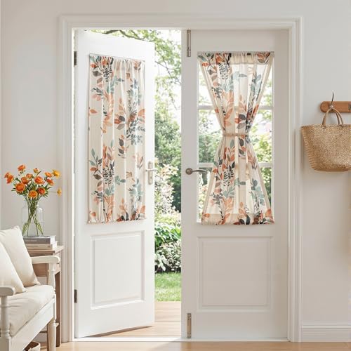 Image of MYSKY HOME Floral Linen French Door Curtains 40 inch Long 2 Panels for Front Door Light Filtering Privacy Semi Sheer Window Curtains with Rod Pocket, Burnt Orange, 24 inch W Each Panel