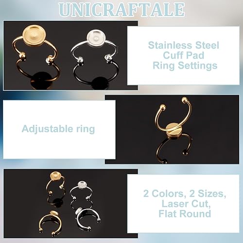 Miniatura 5 de UNICRAFTALE 16 anillos ajustables de 2 colores de 60.315in de acero inoxidable en blanco base plana en blanco, base de anillos en blanco, base de