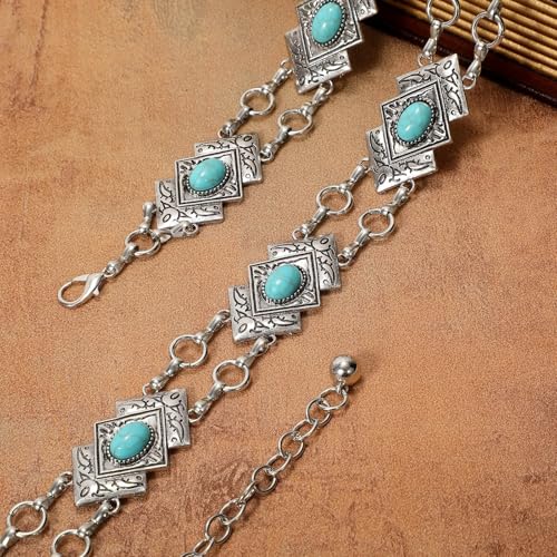 Image of WHIPPY Western Metal Concho Belt for Women Vintage Cowgirl Boho Turquoise Chain Belts for Dresses Jeans