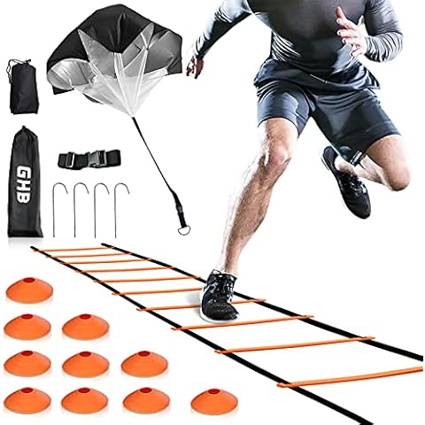 GHB Agility Ladder Speed Training Ladder 20 Feet 12 Rung Exercise Ladder, 10 Disc Cones,Resistance Parachute,Football Training Equipment Set Cover