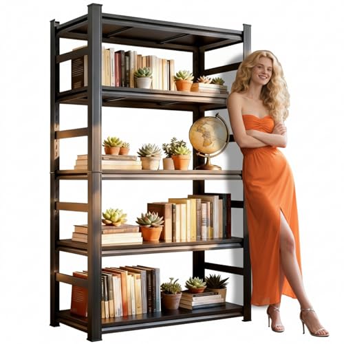 5-Tier Metal Bookshelf, Modern Tall Black Bookshelf, Industrial Bookcase with