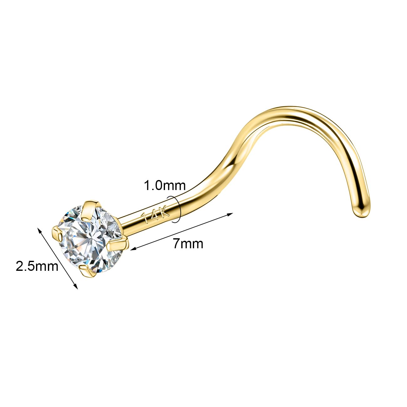 SYLWIA 14K Massivgold Nasenstecker Ringe 20g 18g, Moissanit Korkenzieher L-förmige Nasenringe, 18 20 Gauge Nasenring Piercing für Frauen Männer Geschenke - 2mm 2,5mm 3mm Moissanit