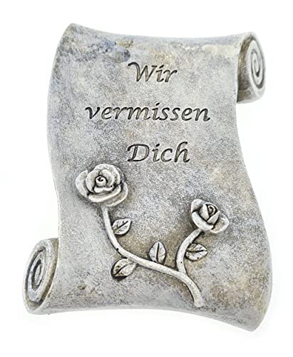 WB wohn trends Grab-Schmuck Schriftrolle Rose, Wir vermissen Dich, 11x9x2,5cm grau Kunst-Stein Trauer-Deko Gedenk-Stein