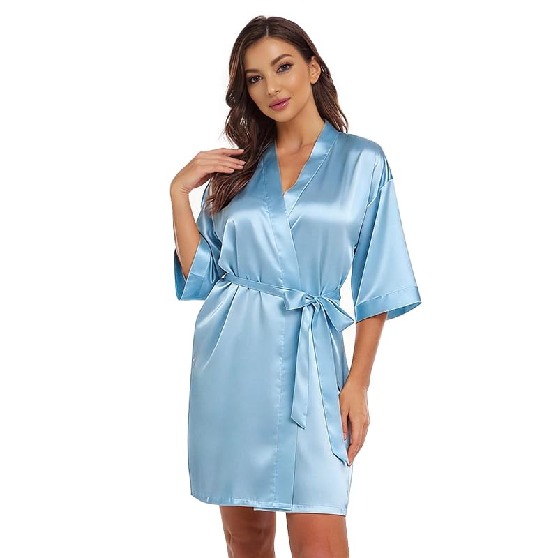 Image of Women's Bride Bridesmaid Robes Short Satin One Size Silver Rhinestones Wedding Party Getting Ready Sleepwear