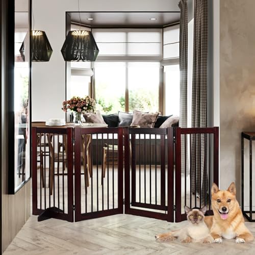 RedFinches Wooden Freestanding Pet Gate, Pet Gate for Dogs, 29.5inch 4-Panel Wooden Dog Fence with 2 Support, Feet Folding Dog Gate for Indoor, Doorway, Stairs, Kitchen, 81.5“L×30”H (Brown)