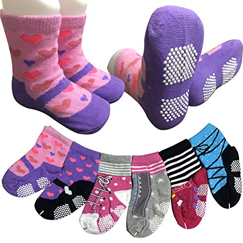 6 Pairs Toddler Socks Baby Girls Non Skid Crew Dress Socks With Grips Infant Anit Slip Kids Little Girls Cotton Socks(12-24 Months)