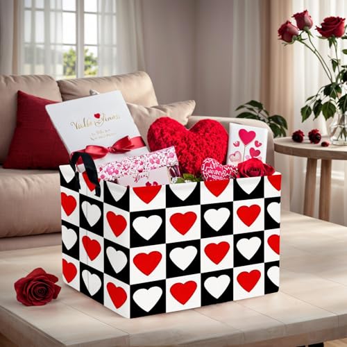 Image of Cute Large Valentine's Day Gift Basket Empty Heart Decor Storage Bin for Kid Baby Room Decor (Checkered Red and White)
