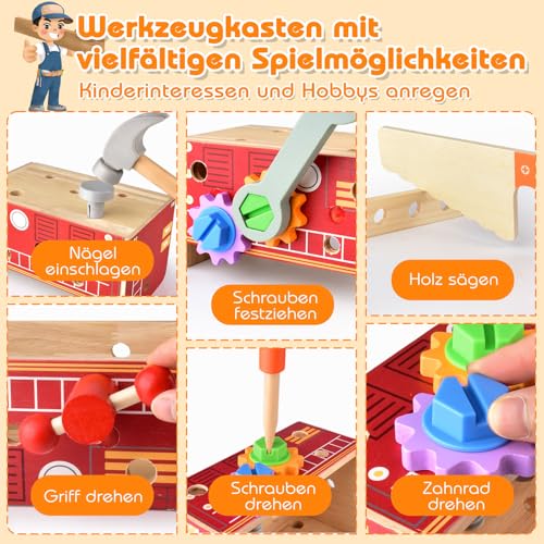 Nauotk 2 in 1 Werkzeugkoffer Kinder Feuerwehrfahrzeug aus Holz Werkzeug – Ansicht 6