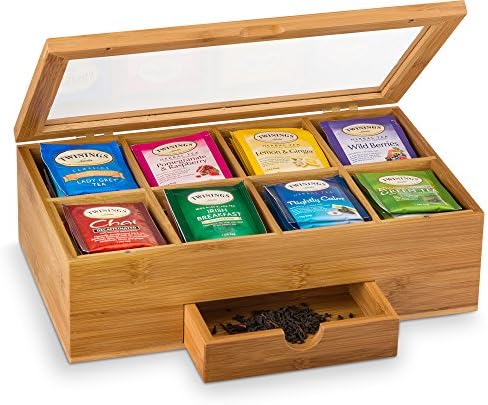 Premium Bamboo Tea Box Organizer - Wood Tea Chest with Slide-Out Drawer & Acrylic Window, Magnet Lid Keeps Teabag Fresh - Countertop & Cabinet Organization (Teabags Not Included) | Mothers Day Gift