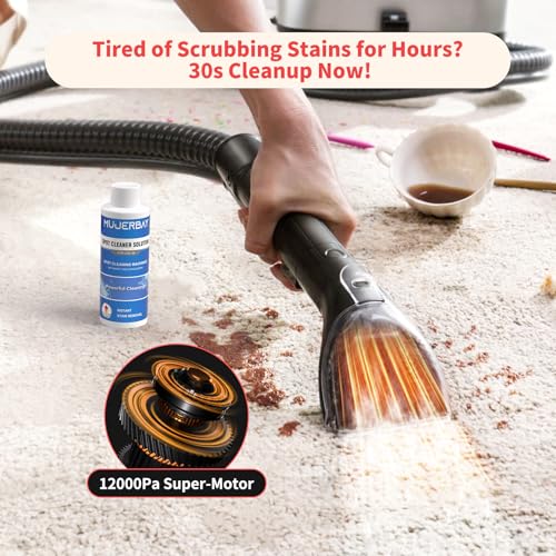 Image of UltraHeat Upholstery Carpet Cleaner, MUJERBAY 12Kpa Hot Mode Portable Spot and Stain Shampooer, Easy Move with 360Wheels & Handle, 1.18-inch Deep Cleaning Machine for Couch, Stairs, Car & Pet Messes