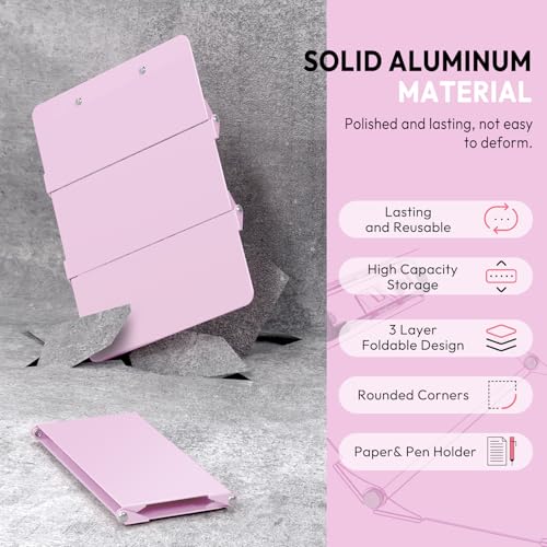 Image of Nursing Clipboard Foldable Without Edition Cheat Charts, 3 Layers Aluminum, Nurse Board w /Low Profile Clip&Pen Clip Pocket, Baby Pink