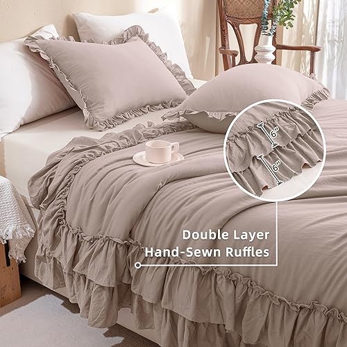Image of QSH Ruffled Comforter Set Queen Size, 3pcs Taupe Shabby Boho Chic Bedding Comforter Sets, Ultra Soft Farmhouse Lightweight Microfiber Inner Fill Bed Comforter Set