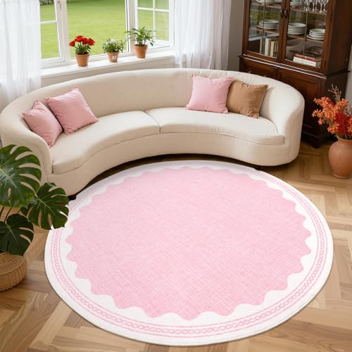 GarveeHome Scalloped Edge Solid Pink 6ft Round Rug Circle Modern Minimalism Washable Non-Slip Soft Ultra-Thin Carpet for Living Room Kitchen Bedroom Nursery Dining Room
