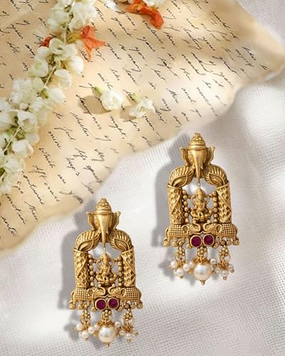 Image of Mansiyaorange Matte Gold South Indian Maa Lakshmi & Ganesha Motif Kundan Pearl Stone Stud Earrings