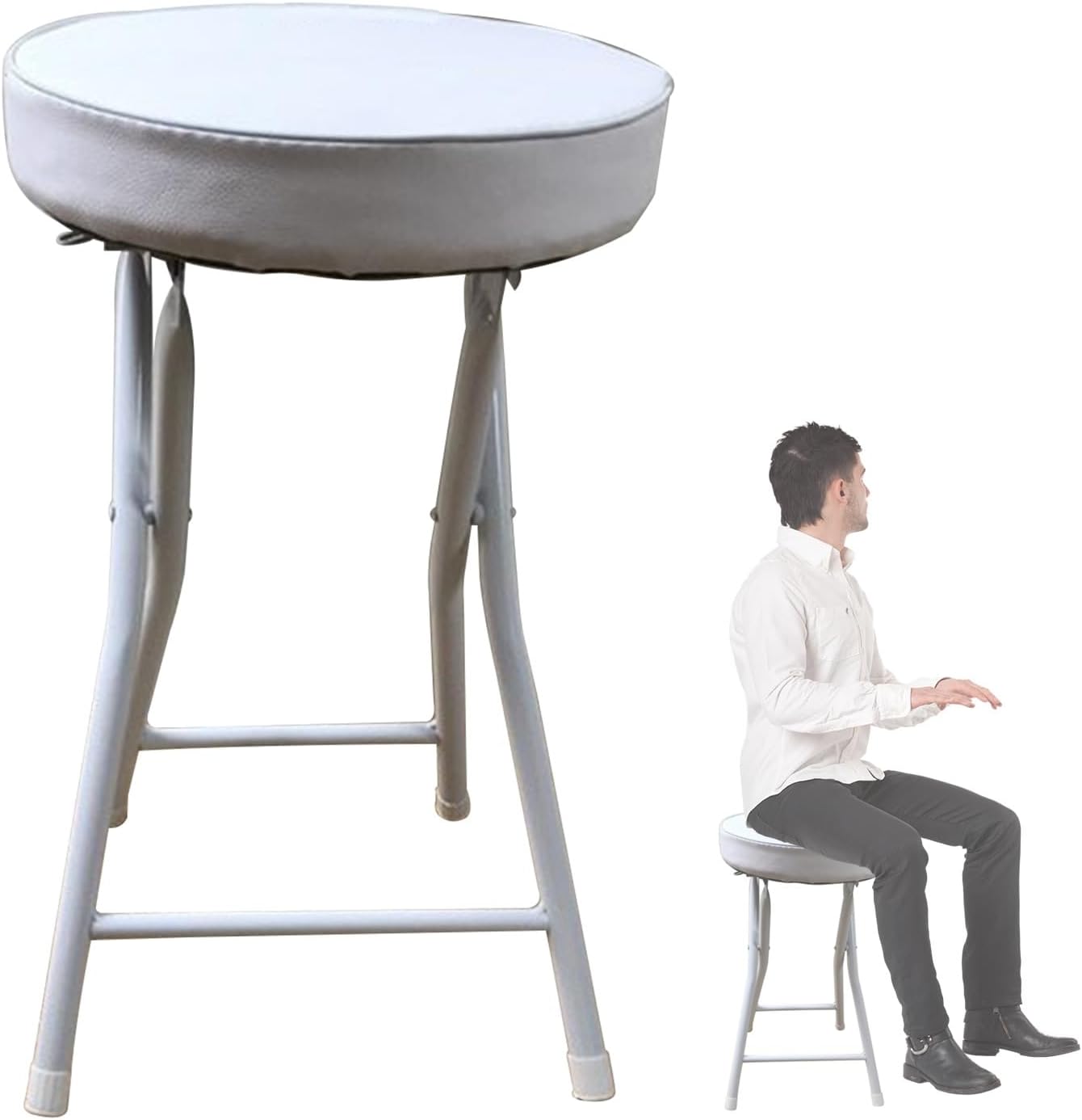 20in Backless Folding Stool with Round Padded Cushion, Counter Height Chair for Kitchen Adults 265Lbs Capacity White,White-50cm/20in