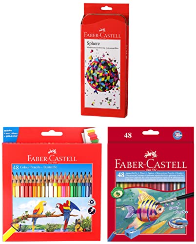 Image of Faber-Castell 48 Triangular Colour Pencils & Sphere, Mathematical Drawing Instrument Box & Aquarelle Full Length Water Color Pencils - 48 Shades