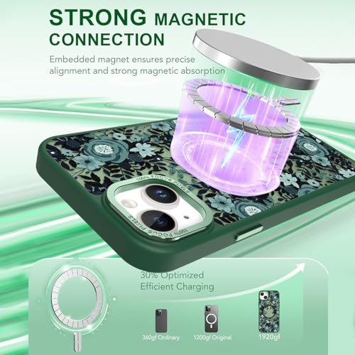 Image of Magnetic for iPhone 14 Plus Case with for Women, Green Flower | Pretty Floral Pattern Design [Compatible with MagSafe] Shockproof Slim Translucent Matte Non-Slip Protective Cover