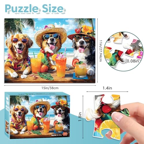 Rompecabezas para niños de 100 piezas, tema Dogs Summer Sips, material de cartón, tamaño 15x11 pulgadas miniatura 3