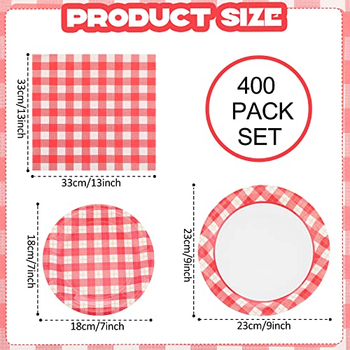Gandeer 400 Pcs Red Gingham Party Supplies, Including 200 Disposable And White Paper Plates, Napkins Checkered Plaid Decor For Picnic Barbecue Birthday Family Dinner #TOP3