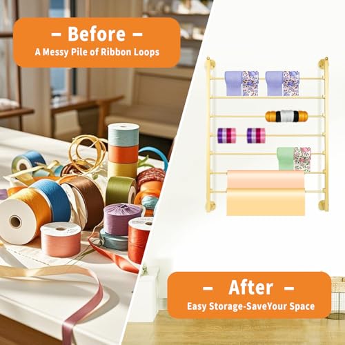 Image of 7 Tier Ribbon Storage Organizer, Wall Mounted Ribbon Organizer, Wrapping Paper Rack, Metal Ribbon Storage for Christmas Gift Craft Room Cake Shop Flower Store Scarf Belt-Gold
