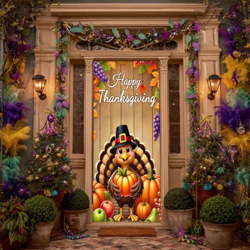 Image of Thanksgiving Turkey Pilgrim Pumpkin Door Cover 35x70in Fall Xmas