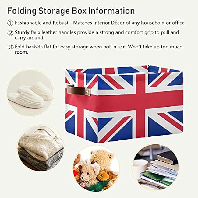 AUUXVA UK Flag Union Jack Storage Bins Basket, Vintage British Flag Collapsible Storage Cube Rectangle Storage Box with Handles for Shelf Closet Nursery Bedroom Home Office 2 Pack