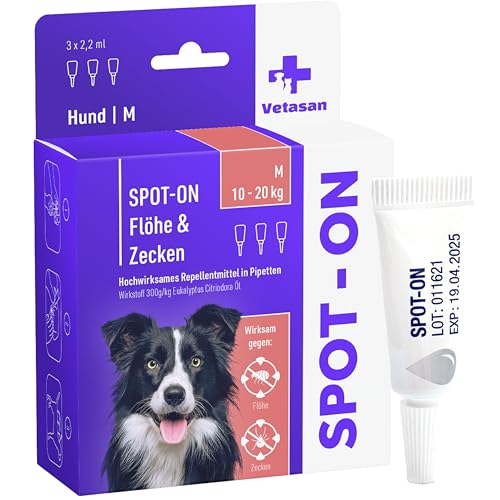 Vetasan Spot-ON für Hunde 10-20kg (M) | gegen Flöhe & Zecken | 3 Monate Schutz | HOCHWIRKSAM | Zeckenmittel für Hunde Zeckenschutz | Hundeflohmittel