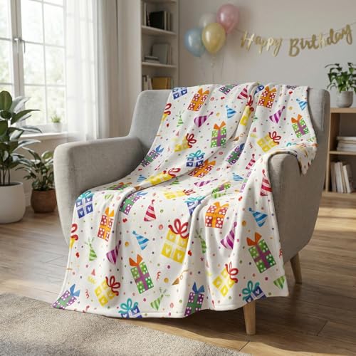 Horaldaily Happy Birthday Blanket Throw Colorful Gifts White Soft Fuzzy Plush Faux Fur Cozy Blankets for Couch Sofa Bed Lounging Ideal Gifts for Kids Adults Wife Self 50x60