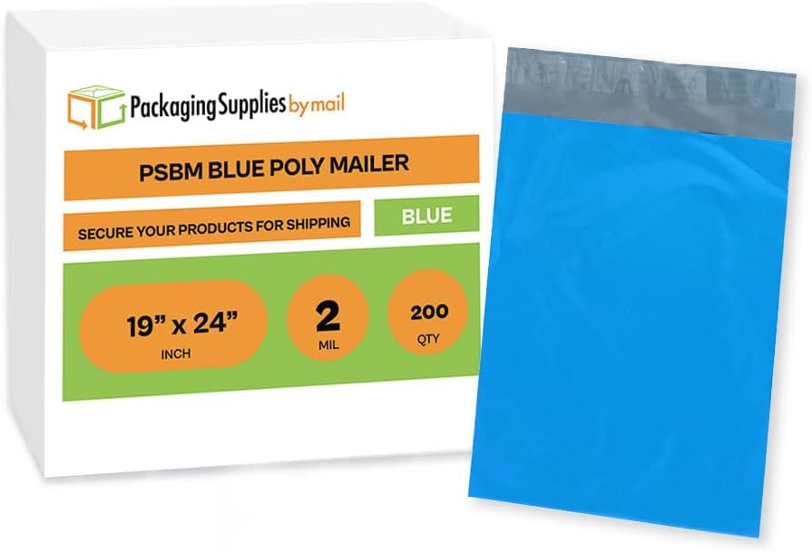 PSBM Blue Poly Mailers, 19x24 Inch, 200 Pack, Glamour Shipping Mailers, Peel and Seal Strip Adhesive Envelopes