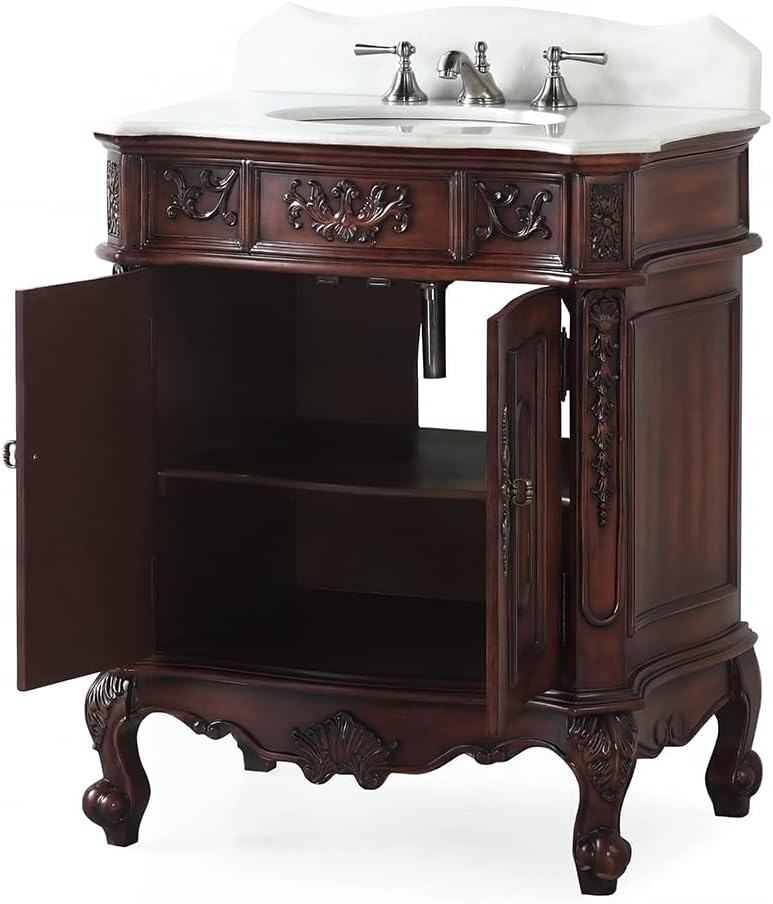 Benton Collection 30 inch Old Timer Classic Traditional Style Brown Cabinet Bathroom Sink Vanity with White Marble Top