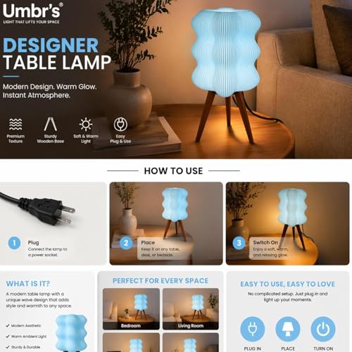 Image of Aura Table Lamp | Modern Decorative Bedside Lamp | High, Quality PLA Material | Warm Ambient Lighting | Designer Night Lamp for Bedroom, Living Room & Home Decor (Blue)