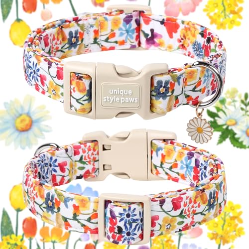 Unique style paws Hundehalsband mit Schnellverschluss aus Baumwolle, buntes Blumenmuster, langlebiges Geschenk, niedlich, für kleine, mittelgroße und große Hunde und Hündinnen