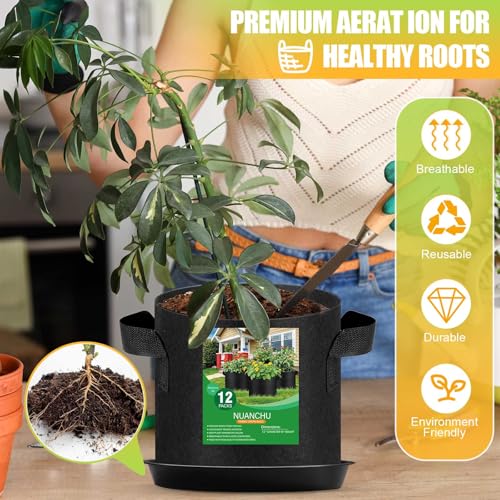 Image of Funnymoom 12 Set 5 Gallon Grow Bag Fabric Plant Pot with Saucer and Handles