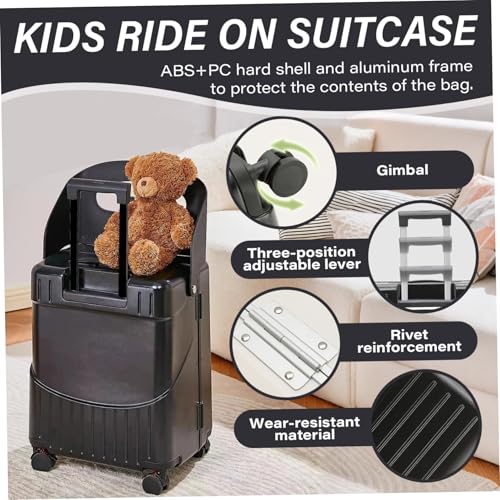 Valigia da viaggio per bambini, bagaglio a mano con sedile e 4 ruote girevoli, design a compartimento resistente con tirante e ganci per borse, Nero
