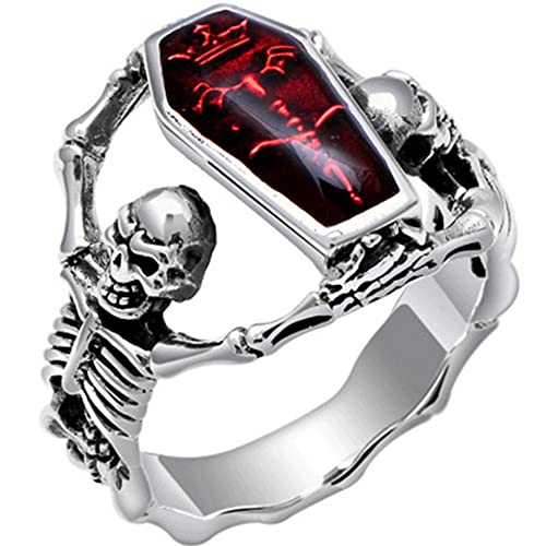 Jude Jewelers Rhodium Plated Gothic Skull Skeleton Created Red Turquoise Halloween Cocktail Party Biker Ring