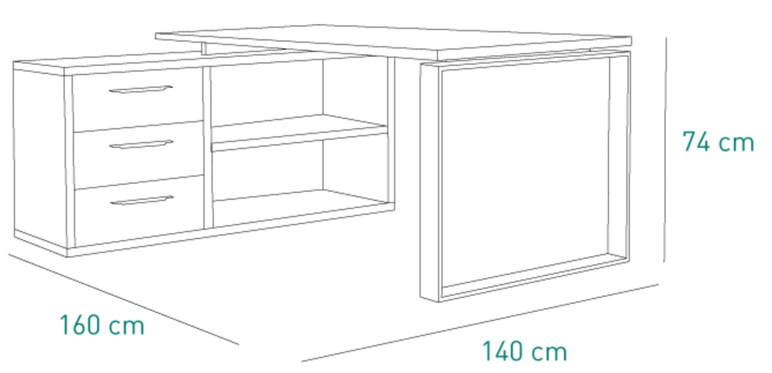 Composad | Scrivania della Linea DISEGNO con 3 Cassetti e 2 Vani, Scrivania Angolare con Cassetti e Libreria, (LxAxP) 170x75x140 cm, Colore Cemento e Bianco Laccato, Made in Italy