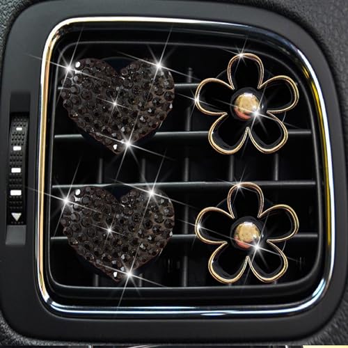 Image of 4 Pcs Black Bling Heart and Daisy Car Air Fresheners Vent Clips Diffuser Vent Clip Rhinestone Diamond Decoration Car Interior Decor Cute Accessories for Women, Automotive Air Fresheners