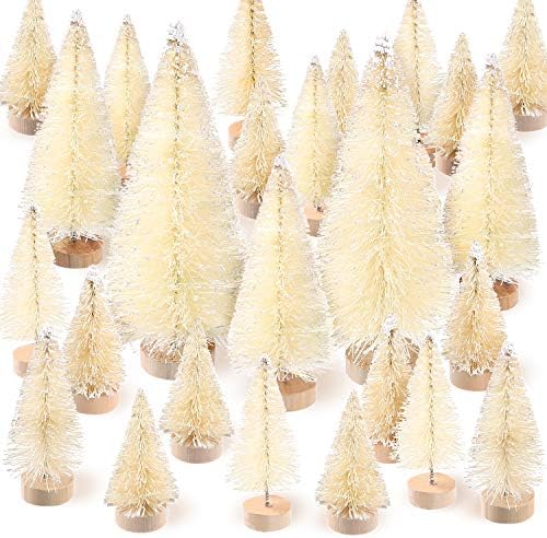 SATINIOR 60 Pieces Artificial Mini Christmas Tree Sisal Snow Trees Bottle Brush Christmas Trees Pine Trees Ornaments with Wooden Base for Christmas Party Home Decoration (4 Sizes, White)