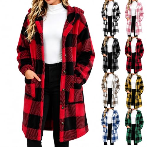 Chaqueta para Mujer Fleece Jacket Women Hooded Plaid Sherpa Button Front Coat Winter Outerwear Fall Coats for Women 2026 Trendy Soft Autumn Capsule Wardrobe Wine S