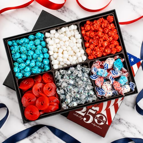 Oh! Nuts 6-Section Patriotic Candy Gift Basket – America 250 Anniversary Freedom Day Mix – Red & Blue Popcorn, Marshmallows, Red Licorice Wheels, Saltwater Taffy & Wrapped Candies – 4th of July Gift